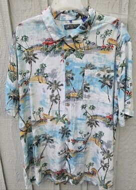 Campia Moda Men's XL Tropical Hawaiian Button Down Shirt Rayon Blend Classic Car